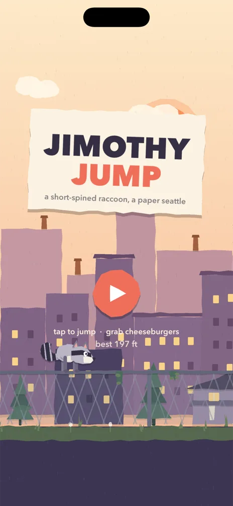 Jimothy Jump title screen: Jimothy the raccoon waits in the paper city at dusk